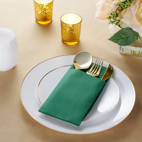 Miniatura 2 de Paquete de 50 servilletas desechables de lino con bolsillo integrado para cubiertos, tela preplegada verde como servilletas de papel para Navidad