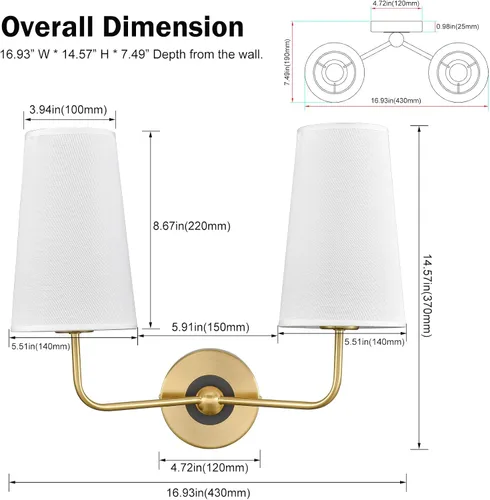 Miniatura 5 de DAYCENT Moderno aplique de pared dorado con pantalla de tela, apliques de 2 luces, iluminación de pared de doble brazo, luces de tocador de baño