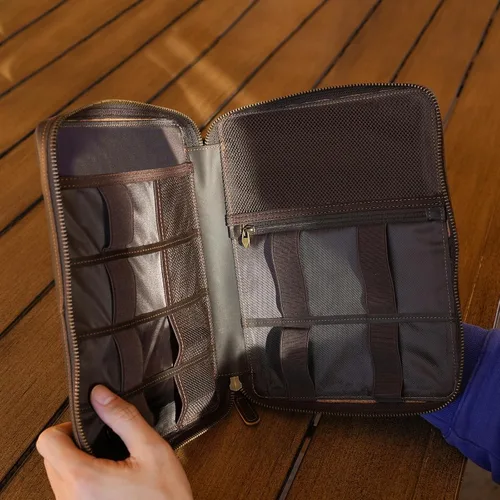 Miniatura 3 de Polare - Organizador de cables de viaje de cuero de grano completo, bolsa de transporte para accesorios electrónicos con cremalleras YKK, bolsa