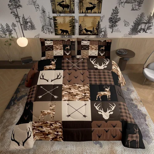 Miniatura 206 de Juego de edredón de cuernos de ciervo tamaño individual, juego de ropa de cama rústica de granja con huellas de oso y pinos para decoración