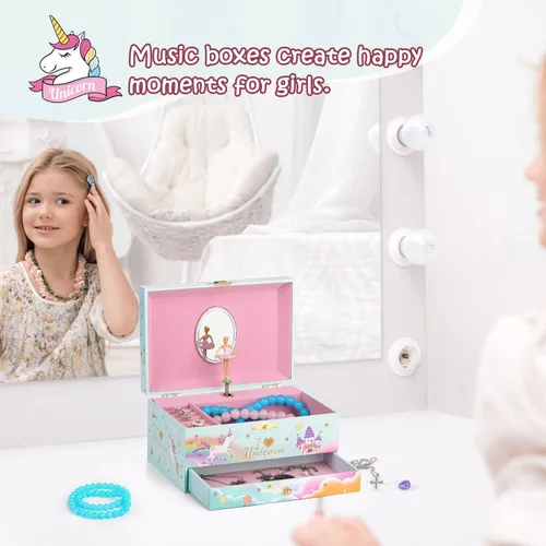 Miniatura 5 de Joyero para niñas, caja musical para niñas, organizador de joyas de bailarina para niña pequeña con collar de unicornio y pulsera, regalos
