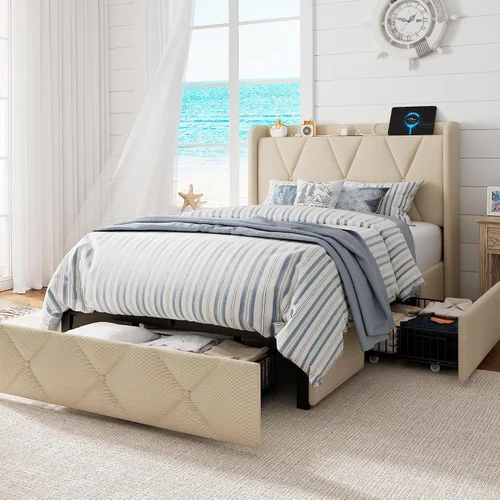 Miniatura 11 de GalnFu Base de cama de tamaño matrimonial con 4 cajones de almacenamiento, plataforma tapizada con estación de carga, moderna cabecera de Beige