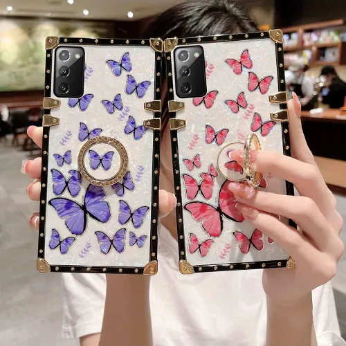 Miniatura 12 de Funda de mariposa con soporte de anillo para Galaxy Z Flip 3 para mujeres y niñas, diseño de caja cuadrada de lujo, diseño de mármol brillante