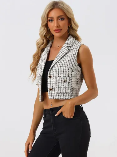 Miniatura 2 de Allegra K Chaleco a cuadros con solapa con muescas vintage sin mangas Tweed Crop Jacket