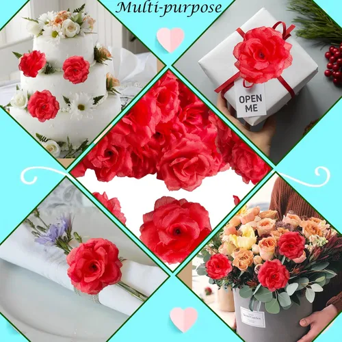 Miniatura 5 de 70 unidades de rosas artificiales de seda, cabeza de rosa falsa, cabezas de rosas para el día de San Valentín, bodas, centros de mesa de Navidad
