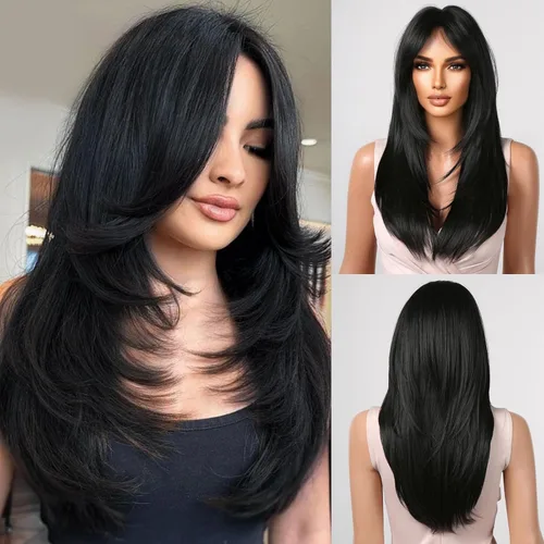 Miniatura 8 de Allbell - Peluca larga y lacia para mujer, color ombré castaño claro a rubio con flequillo, con reflejos, de cabello sintético, resistente al calor
