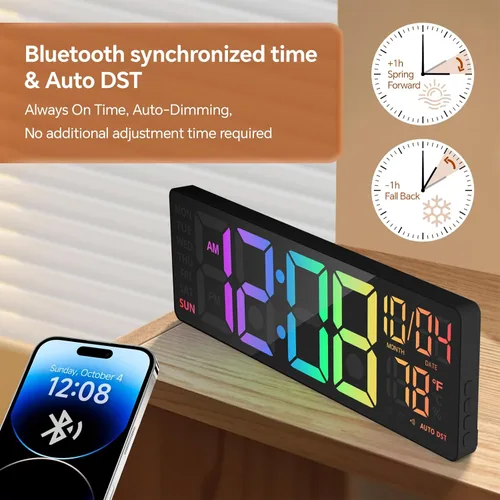 Miniatura 4 de Reloj de pared digital de 16 pulgadas con luz nocturna, reloj digital con control remoto de cambio de colores RGB, alarma doble, atenuador, DST Negro