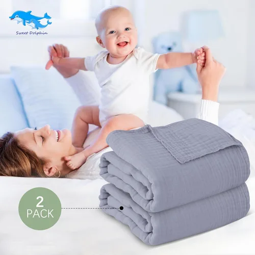 Miniatura 3 de SWEET DOLPHIN - Paquete de 2 toallas de baño de muselina para bebés y niños pequeños, manta 100% algodón, 40 x 40 pulgadas, altamente absorbentes