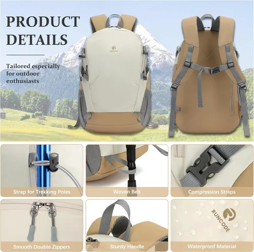 Miniatura 5 de Mochila de senderismo para hombres y mujeres, mochila de viaje ligera de 25 litros para acampar al aire libre Blanco y marrón