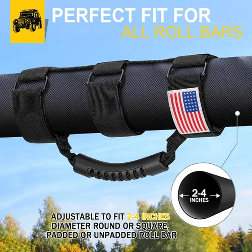 Miniatura 6 de moveland Asas de agarre de barra enrollable con bandera de Estados Unidos, 2 asas de agarre para accesorios Jeep Wrangler JL, JK, TJ, YJ y Jeep Negro