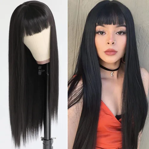 Miniatura 19 de QD-Tizer Pelucas sintéticas de color rubio ceniza con flequillo, pelucas de cabello largo y lacio, sin pegamento, pelucas sintéticas sin encaje