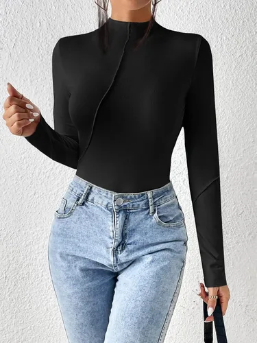 Miniatura 3 de Verdusa Camiseta de manga larga ajustada con cuello alto falso para mujer, color negro