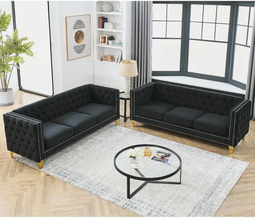 Miniatura 9 de mikibama Sofá de 3 plazas de terciopelo de 80.5 pulgadas para sala de estar, sofás de 3 asientos con botones copetudos con bordes de clavos, sofás