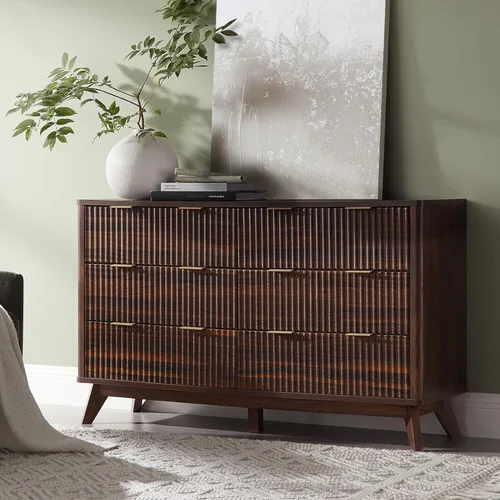 Miniatura 11 de T4TREAM Cómoda acanalada de 3 cajones, cómoda moderna de 32 pulgadas de alto, diseño de perfil curvo, organizador de cajones de madera para Aliso