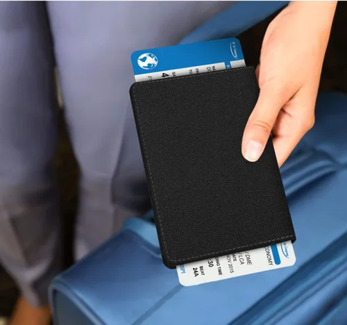 Miniatura 8 de Fintie - Funda para tarjetas y pasaporte, de piel sintética, bloqueo RFID, cartera de viajes (mezclilla negra)