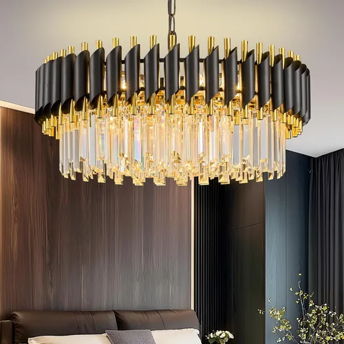 Miniatura 10 de Candelabro de cristal negro de 20 pulgadas, K9, luces colgantes redondas, ajustables, de 4 niveles, gran lámpara de cristal moderna, 6 luces