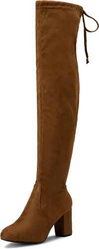 Vepose Botas de gamuza 991 para mujer, por encima de la rodilla, veganas, 3.03 pulgadas, tacones gruesos, cremallera lateral, zapatos de apertura