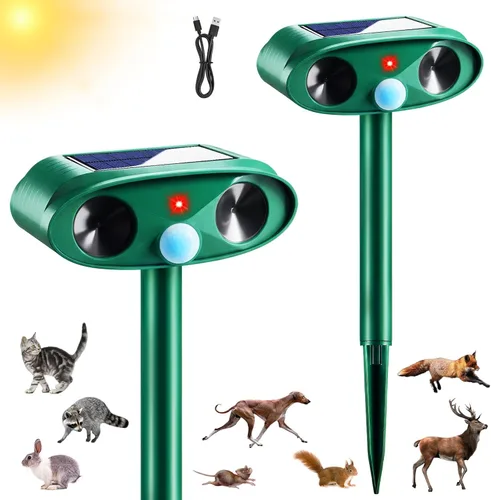 Paquete de 2 repelentes solares ultrasónicos de animales para exteriores, repelente de ciervos Sonic Fortress Pro, resistente a la intemperie con