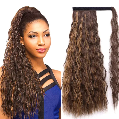Miniatura 9 de Extensión de cola de caballo ondulada larga con pegamento mágico, resistente al calor, sintética, para envolver, cabello ondulado, para mujer