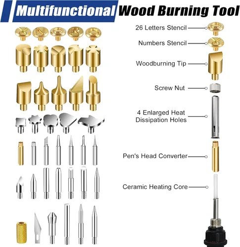 Miniatura 4 de Kit de Combustión de Madera, 163 Piezas de Herramienta de Quemador de Madera con Letras y Números, Pluma de Pirografía con Control de Temperatura