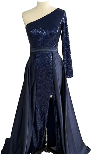 Miniatura 5 de TIRAS Vestidos de fiesta de un hombro para mujer 2023 con abertura en la manga y lentejuelas vestido formal de satén con cola desmontable CM153