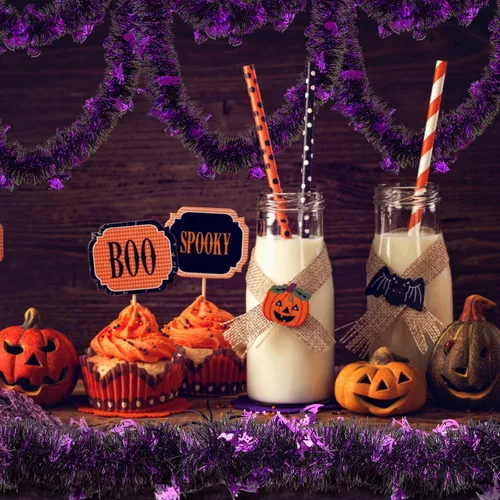 Miniatura 5 de LOMIMOS - Guirnalda de oropel de Halloween de 32,8 pies, decoración colgante de murciélago brillante con diseño metálico para suministros de fiesta