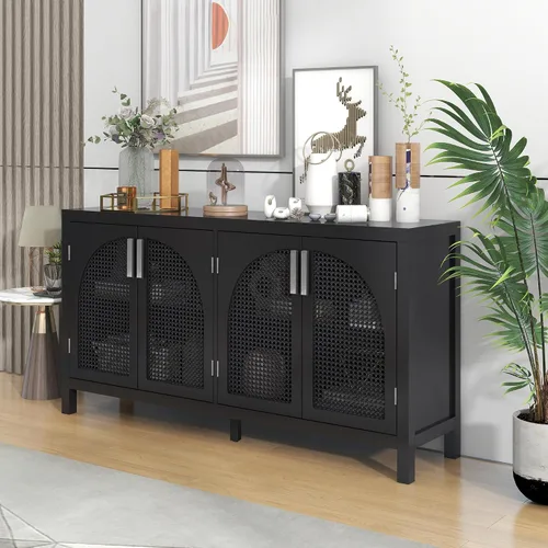 Miniatura 3 de Aparador de madera con puerta de ratán artificial y asas de metal, 4 puertas y estante ajustable, mesa de consola para comedor, sala de estar