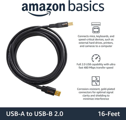 Miniatura 2 de Amazon Basics - Cable USB-A a USB-B 2.0 para impresora o disco duro externo, conectores chapados en oro, 16 pies, negro