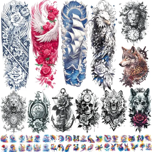 Miniatura 9 de Tatuaje temporal de brazo completo de Halloween para hombres y mujeres, 12 hojas de tatuajes temporales de manga de esqueleto de calavera, tatuajes