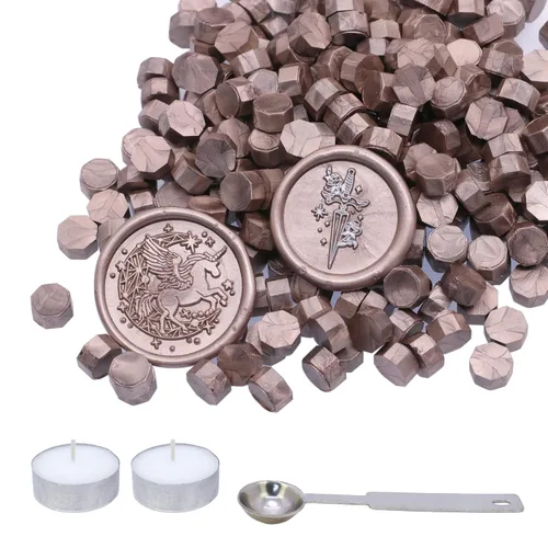 SWANGSA Kit de 360 cuentas de cera de sellado dorado champán con 2 velas de té y 1 cuchara de fusión de cera para sello de cera
