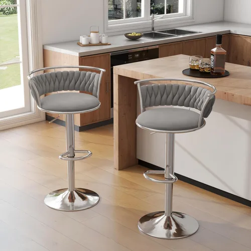 Miniatura 24 de Juego de 2 taburetes de bar giratorios de 360°, silla de bar de terciopelo ajustable a altura de mostrador moderna, taburete de metal plateado
