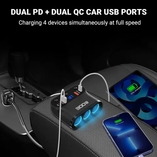 Miniatura 3 de Adaptador divisor de encendedor de cigarrillos de 300 W: divisor de coche de 12 V de 3 zócalos Extensión de cargador de coche Dual PD USB C y 18 W