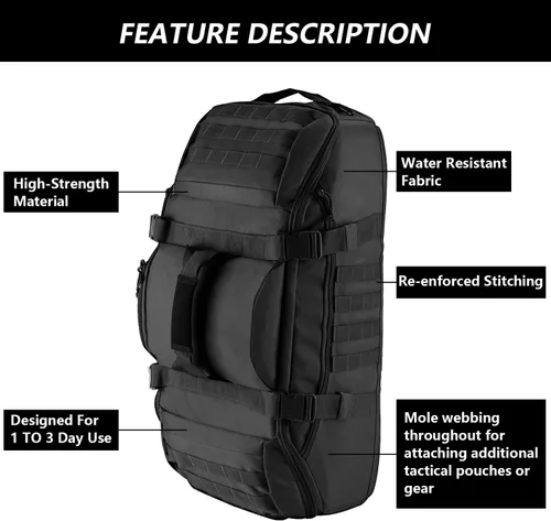 Miniatura 4 de Bolsa de lona grande de 65L, mochila táctica 3 en 1 MOLLE para deportes, gimnasio, exteriores, color negro