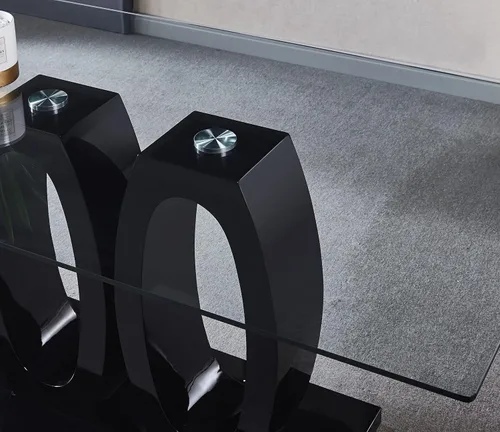Miniatura 6 de Mesa de comedor rectangular moderna de vidrio, mesa de cocina de vidrio con parte superior de vidrio templado transparente y pedestal de base doble