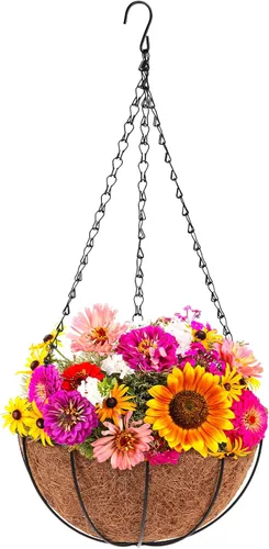 Miniatura 8 de Dandat 1 cesta colgante de metal de 10 pulgadas con forro de fibra de coco, alambre de metal, soporte para plantas, riego al aire libre, macetas