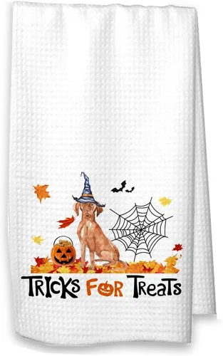 Miniatura 6 de Trucos para golosinas Vizsla - Toalla de cocina de Halloween para decoración de otoño Vizsla (toalla blanca, Vizsla con nombre)
