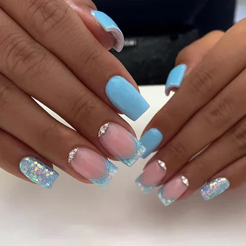 Miniatura 17 de Uñas postizas verdes a presión - Uñas falsas cortas cuadradas con purpurina dorada y diseños de remolino, acabado brillante, uñas postizas acrílicas