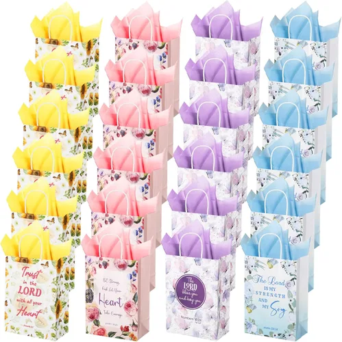 Sinmoe 24 bolsas cristianas para recuerdos de boda con asas, diseño de girasol y mariposa, bolsas de regalo de tejido con versículo de la Biblia