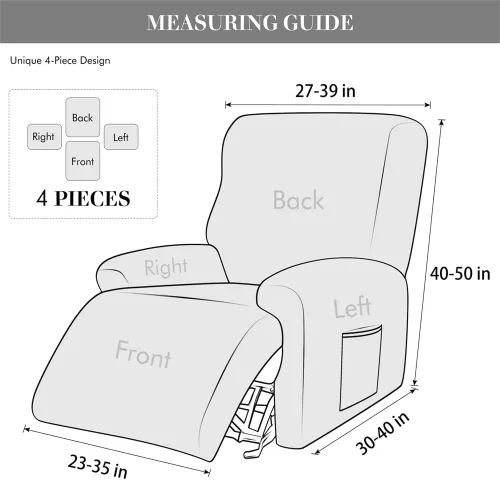 Miniatura 6 de Funda elástica de jacquard para silla reclinable, funda de sofá de poliéster de 4 piezas con bolsillo lateral, lavable a máquina