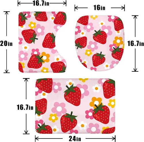 Miniatura 4 de Juego de 4 cortinas de ducha de frutas de fresa de 60 pulgadas de ancho por 72 pulgadas de alto, juego de baño con flores, color rosa Y2K, accesorio