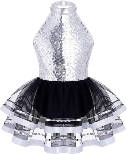 Miniatura 22 de CHICTRY Vestido tutú de ballet con lentejuelas brillantes para niñas y niñas, moderno disfraz de baile latino de jazz