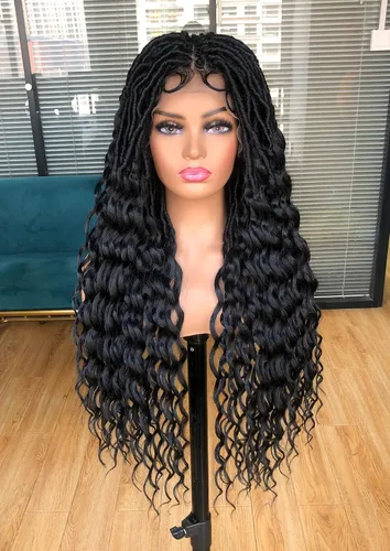 Miniatura 2 de Pelucas trenzadas de encaje completo negro para mujeres negras, pelucas de ganchillo de imitación de diosa con cabello de bebé, suave sin nudos