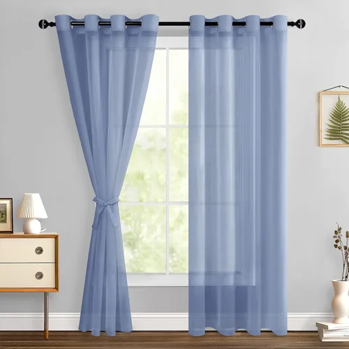 Miniatura 97 de Hiasan - Cortinas traslúcidas de gasa cortas semitransparentes con ojales y alzapaños filtrantes de luz para ventana, dormitorio, baño, 2 paneles