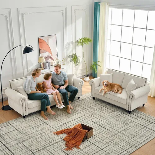 Miniatura 5 de Juego de sofá moderno y sofá biplaza Chesterfield de chenilla de lujo, cómodo sofá tapizado con asiento profundo con reposabrazos enrollados y Beige
