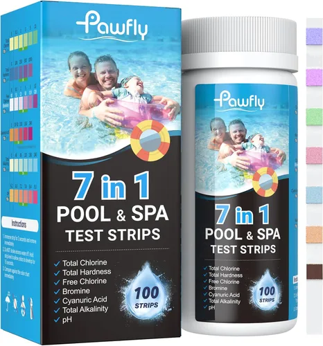 Pawfly 100 tiras de prueba de piscina, kit de prueba digital 7 en 1, tiras de prueba de agua para spa y jacuzzi, para pH, dureza total, cloro total,