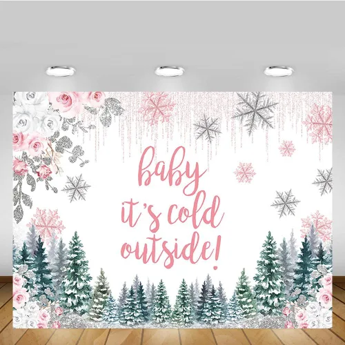 Miniatura 5 de MEHOFOND Telón de fondo de invierno para baby shower de 7 x 5 pies para niñas, Baby It's Cold Outside Rosa Floral Fotografía Fondo Pequeño Copo