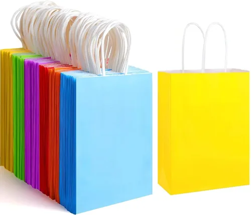 XPCARE 32 piezas de bolsas de regalo de papel, 16 cm x 8 cm x 22 cm Bolsas de papel kraft para fiestas a granel, bolsitas arcoíris pequeñas con asas