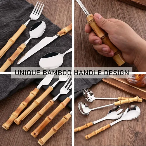 Miniatura 6 de Juego de cubiertos con mango de bambú, juego de cubiertos de 24 piezas para 6, cubiertos de acero inoxidable, incluye tenedores, cucharas