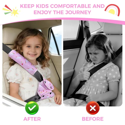Miniatura 5 de COOLBEBE Juego de almohadillas de asiento para niños, cómodo cojín para hombros y vientre, funda universal para correa de asiento para refuerzo, Rosa