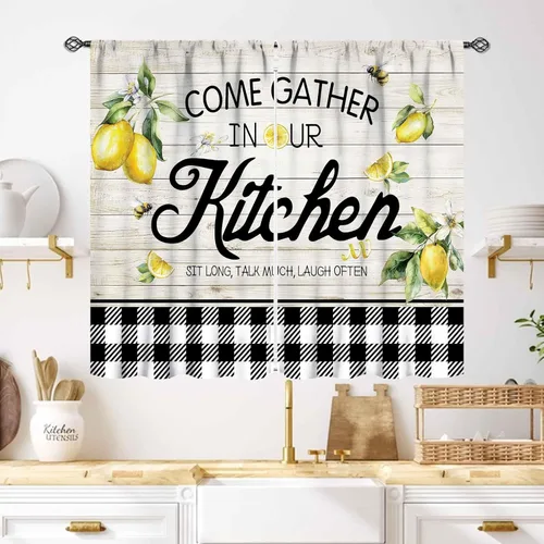 Miniatura 45 de Cortinas Rústicas de Cocina, Tenedor Cuchara Retro Tablón de Madera Granja País Tema de Cocina Citas Divertidas Tratamiento de Ventana